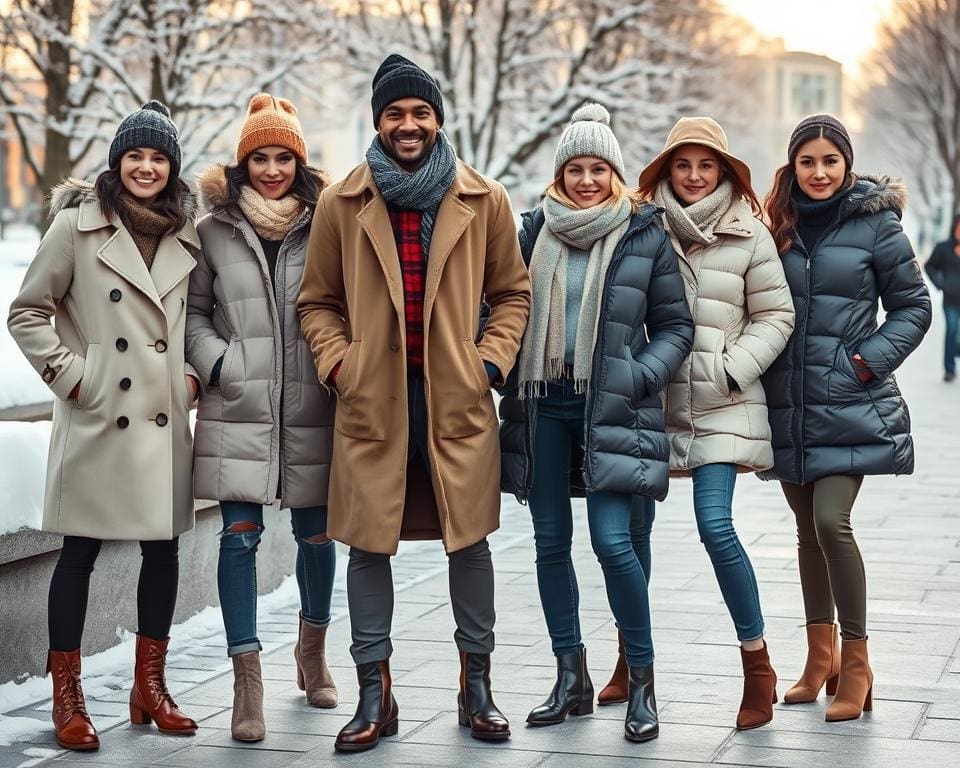 Wintermode mit wärmenden Outerwear und Schuhen für den Winter